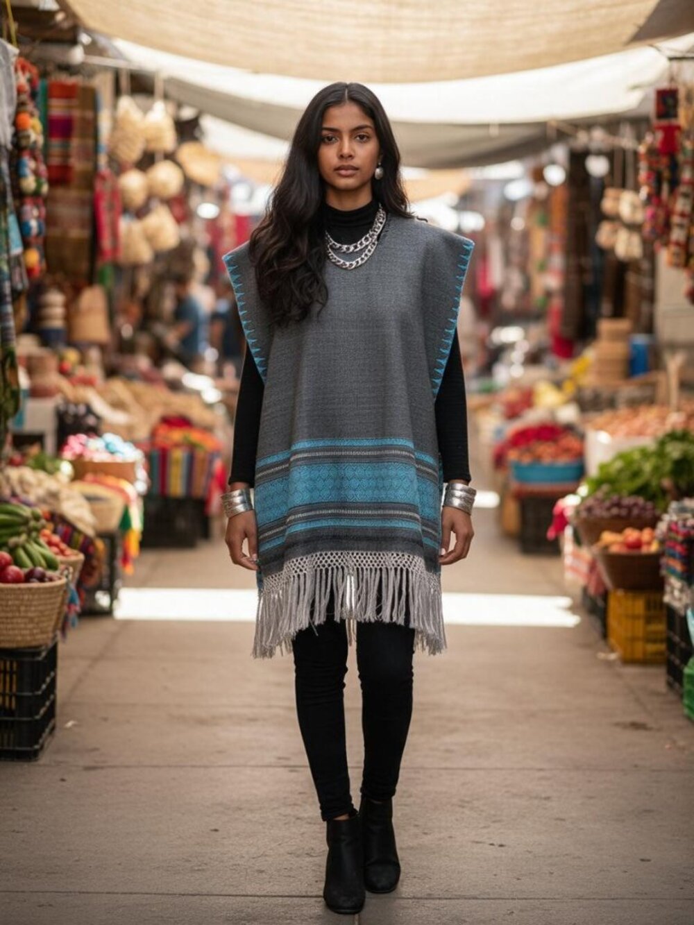 Unbranded Woven Poncho Women M/L Grey Blue Excellent Boho Fringe Geometric
